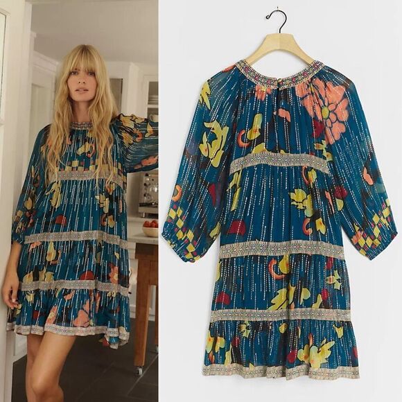 Verb Women's Size S Eulalia Shimmer Tiered Tunic Dress Embroidered Boho Festival - Picture 4 of 17